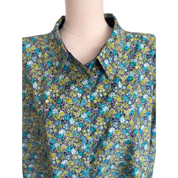 Caribbean Joe Floral Collared Long Roll Tab Sleeve Button Up Shirt Women 3X - Picture 8 of 13
